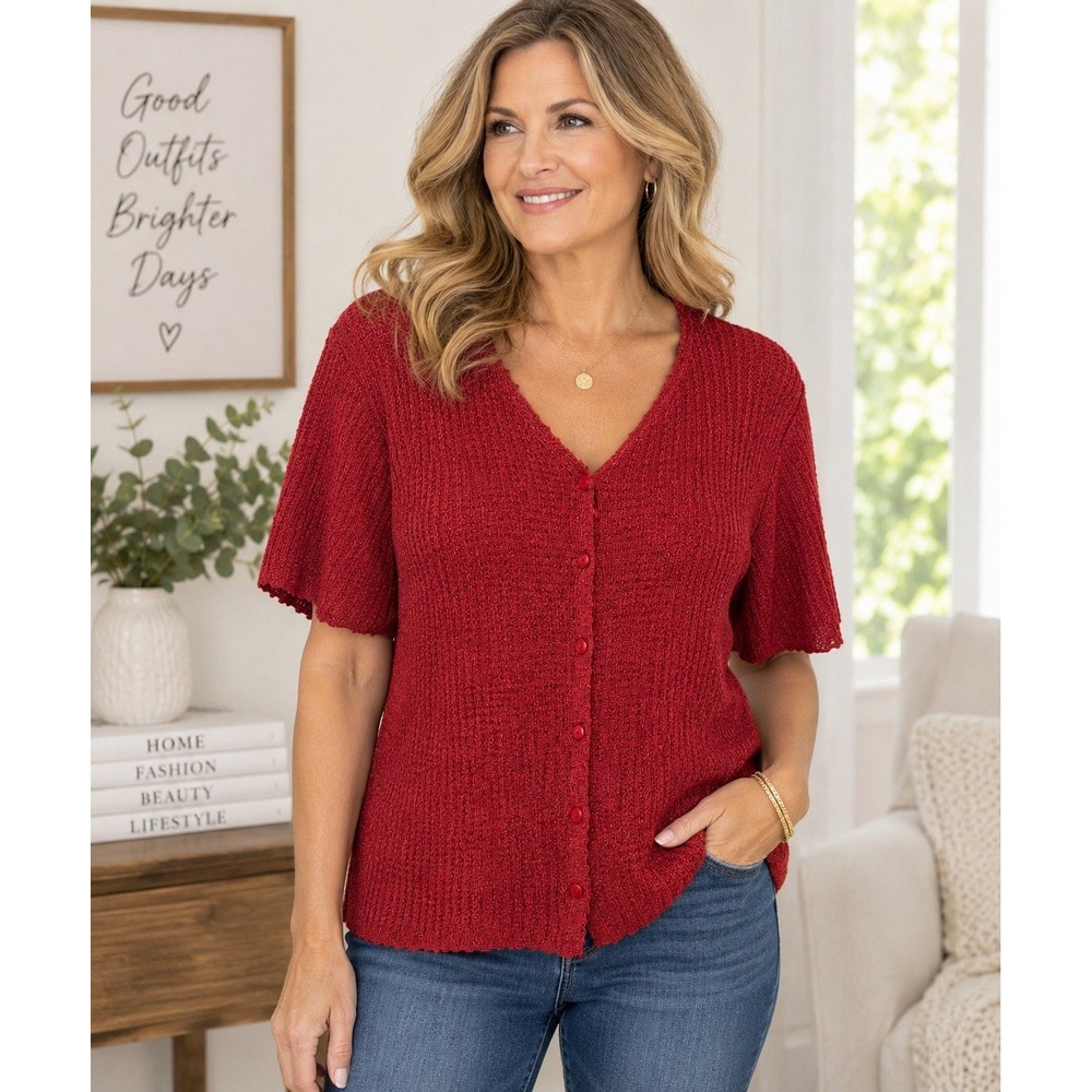 Sag Harbor XL Silk Rayon Cardigan Red Short Sleeve Button Front Knit Sweater
